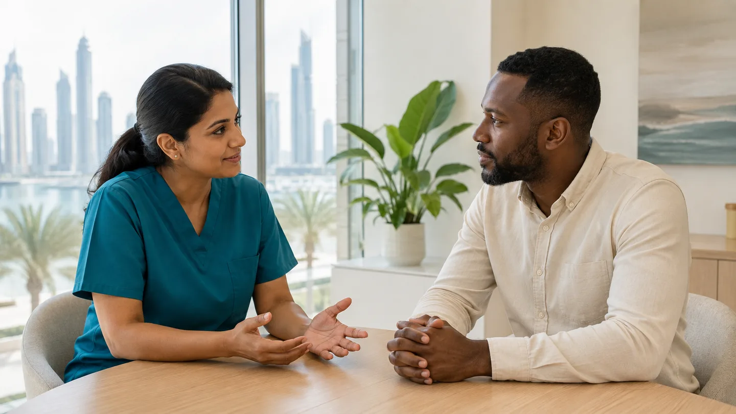 A clinician listening to an adult patient during a private consultation